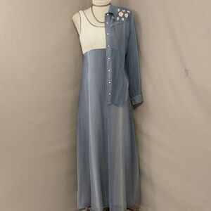 70s Vintage Maxi Dress Set Sheer Blue w Appliques & Fishnet Fun Sweet an Unusual